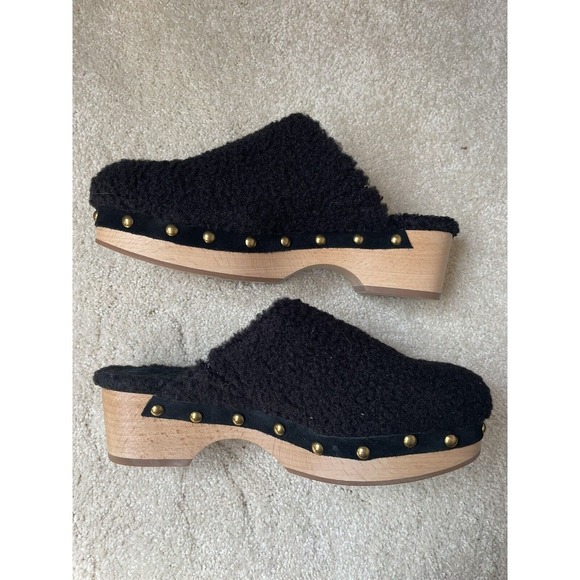 NEW J Crew Faux Fur Sherpa Black Wooden Clogs Shoes Women Size 7 - Picture 1 of 5